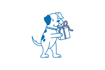 Outlined cartoon dog stands holding a gift wrapped with an orange bow illustration