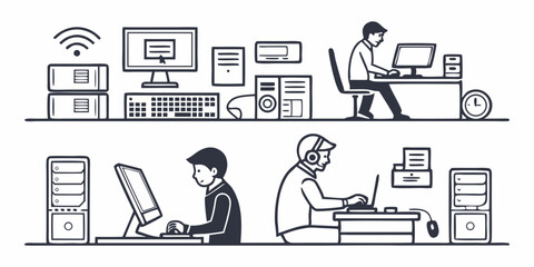 people working on computers and office technology line art illustrations isolated on white background.