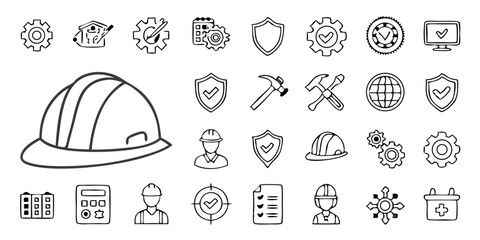 engineering and construction safety line art icons isolated on white background.