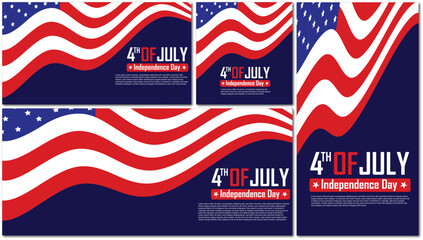 Set of Independence Day celebration banners and greeting cards for the 4th of July Collection of waving American flags on a blue background, with festive, vector illustration style, ideal for the USA