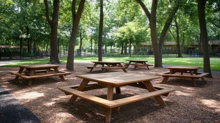 Picnic tables under lush shade trees in a park.