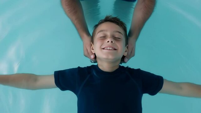 Coach teaches boy how to stay afloat in pool during swimming lesson at local aquatic center