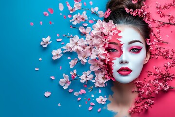 Abstract Geisha Concept with White Painted Face and Cherry Blossoms