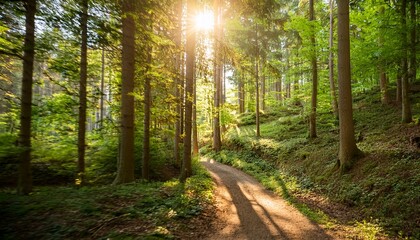 Obraz premium dynamic forest path descent captured in panoramic motion through sunlit woods