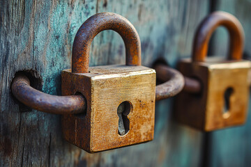 Close-up of two rusty padlocks on weathered wood.