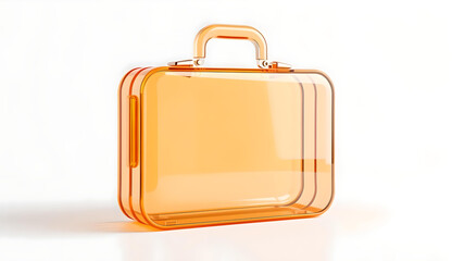 3d glass briefcase on a white background, minimalistic concept, close-up view, the briefcase itself consists of slightly orange-colored glass

