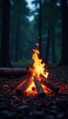 Flickering flames illuminate stacked firewood, forest night , woods, crackling, shadow