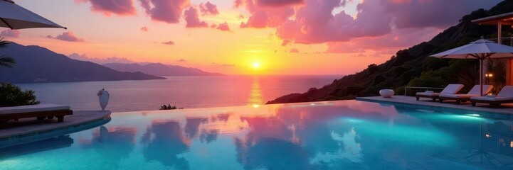 Sunset infinity pool, expansive view, luxury resort , sea, real estate