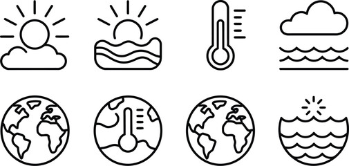 Line art depicting climate change with sun, clouds, earth, and thermometer