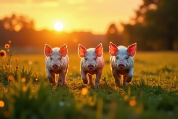 Three piglets meander across a sun-drenched pasture at sunset , golden hour, swine, three