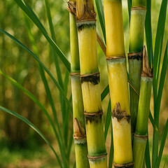 Fototapeta premium Close-up view of yellow-green sugarcane stalks surrounded by long grass in natural farm setting. 