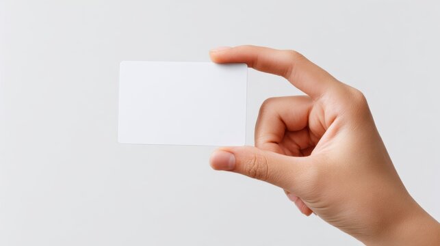 Woman hand holding empty white business card on white background
