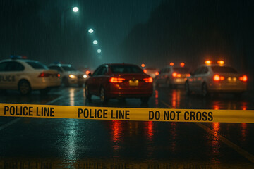Urban street under investigation with police vehicles, caution tape, and flashing emergency lights during stormy night. 