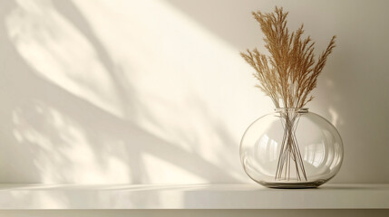 Decorative glass vase with dried plants casting shadows on a white shelf in natural light