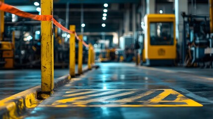 Obraz premium A close-up view of a factory floor with yellow safety barriers and caution markings