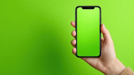 Woman holding smartphone with green screen on green background