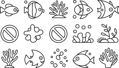 A collection of outline style sea life icons including fish and coral reef