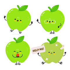 Green Apple characters wearing glasses, jumping playfully, blowing kisses, battling worm with bandages