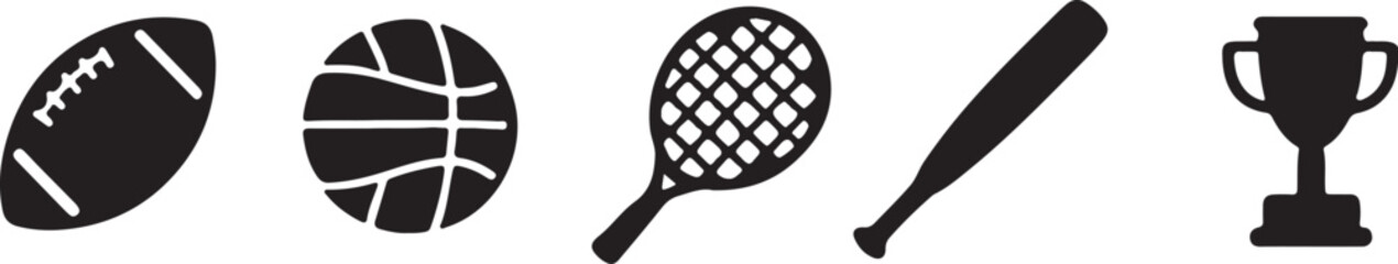 Silhouette sports icon set featuring football basketball tennis bat and trophy