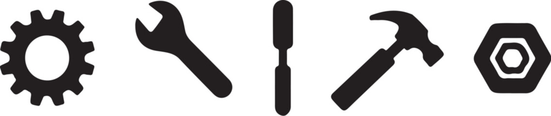 Simple black tool icons set gear wrench screwdriver hammer and bolt icon for design