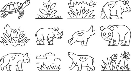Black and white line art featuring animals and plants in a simple style