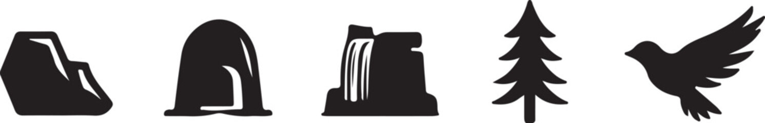 Black silhouette icons representing landscape elements including bird mountain and tree