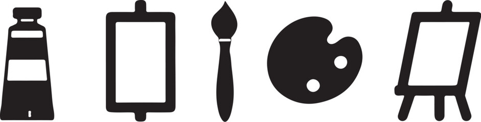 Black and white art supplies icon set representing creative painting and artistic tools