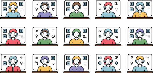 Fifteen customer service representatives with headsets in front of monitors