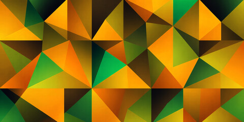 Abstract background featuring a geometric pattern with triangles in shades of green and orange
