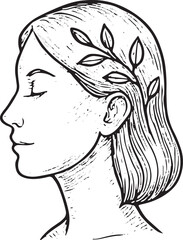 Hand-drawn woman face icon symbolizing beauty, mindfulness, and inner peace, ideal for wellness designs promoting self-love and mental harmony