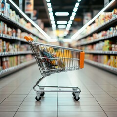 Shopping cart in a supermarket aisle