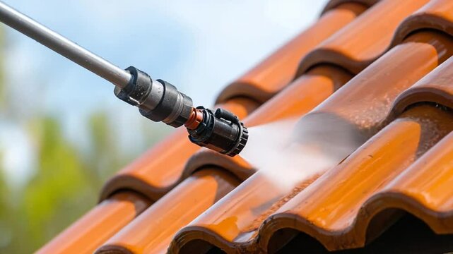 High-pressure cleaning of a terracotta roof with a spray nozzle against a blue sky