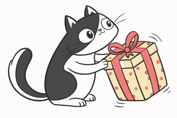 Cartoon tuxedo cat enthusiastically lifts a colorful polka dot gift, full of excitement