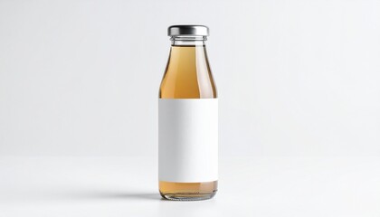 Fototapeta premium Minimal Glass Juice Bottle Mockup A transparent glass bottle with a metal cap and a clean label, placed on a white surface with soft shadows.
