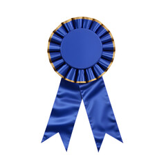 Blue ribbon award with gold trim, flowing fabric texture, white background, first place achievement, commercial photography style