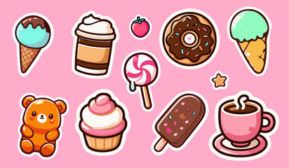 Vector illustration in kawaii style, features sweets like ice cream, donut, cupcake, coffee, lollipop, chocolate bar, and a teddy bear. Uses pastel and chocolate colors, rounded cute shapes.
