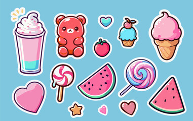 Vector illustration in kawaii cartoon sticker style: cute bear, ice creams, drinks, hearts, candies, and watermelon slices. Uses pastel pink, blue, and yellow—trendy among young and playful designs.