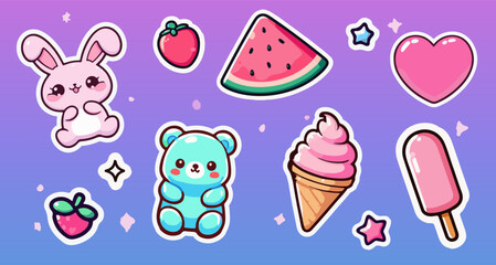 Kawaii-style vector illustration on purple gradient features a pink bunny, blue bear, watermelon, strawberries, heart, ice cream, popsicle, and stars. Trendy look with bright pastel colors.