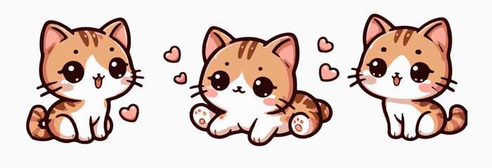 Vector illustration in kawaii style featuring three cute brown tabby kittens with big eyes and pink hearts. Uses soft, rounded shapes and pastel tones. This trending kawaii style is playful and sweet.