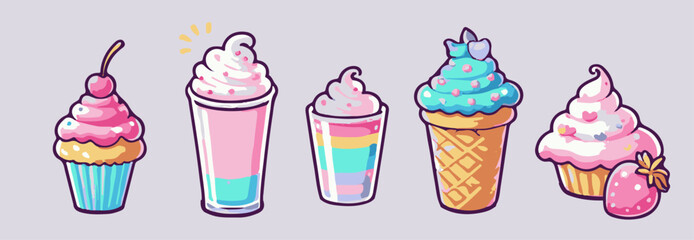 Cute vector illustration in kawaii cartoon style, featuring pastel-colored desserts: cupcakes, ice cream cone, and drinks in pink, blue, yellow, purple. Trending with bold outlines and playful shapes.