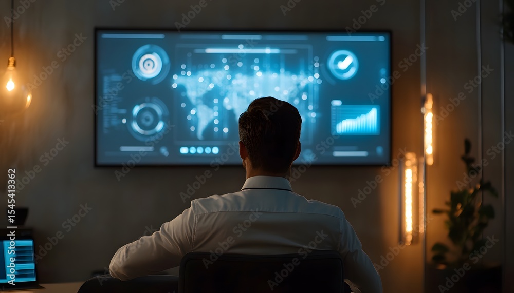 Poster an individual working in a modern office, analyzing data on a large screen with visual analytics. th