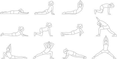 Obraz premium Line drawing showing a woman performing various yoga poses on white background