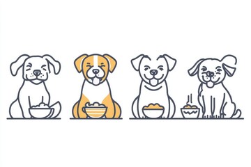 icons of four-legged friends of different breeds eating delicious food thin contour illustrations made with a highlighted contour