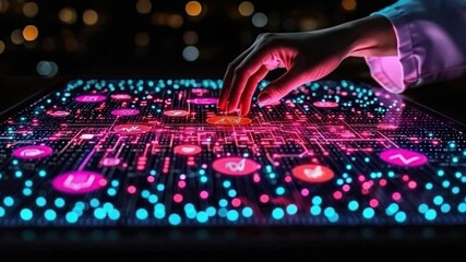 Hand interacting with a glowing digital interface displaying data visualizations and circuit board patterns - Powered by Adobe
