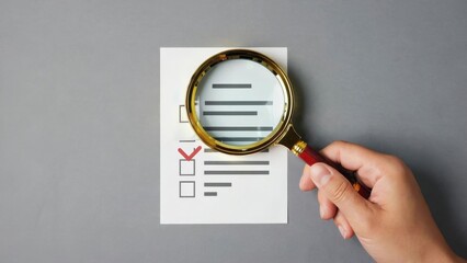 Hand holding magnifying glass over checklist on grey background