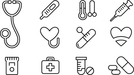 A collection of medical icons including stethoscope thermometer and medication