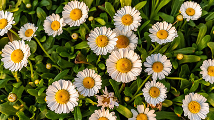 Fototapeta premium Close-up view of numerous white daisies blooming in a lush green garden