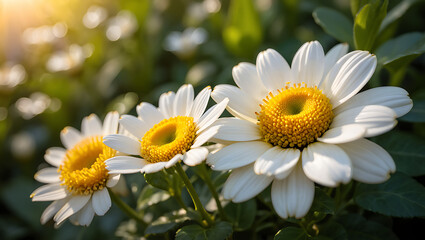 Fototapeta premium Three white daisies with yellow centers bloom in sunlight, garden setting