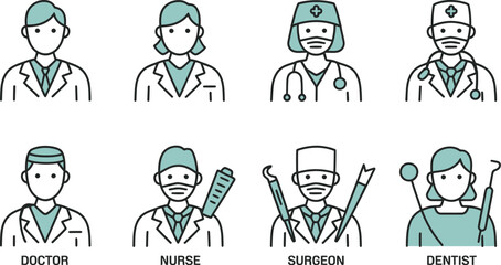 Illustrated medical professionals including doctors nurses surgeons dentists
