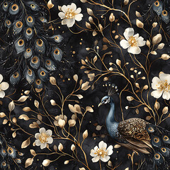 A luxurious seamless pattern featuring a regal peacock perched among golden branches and white blossoms on a textured black background. Perfect for upscale wallpaper, fashion textiles, weddings